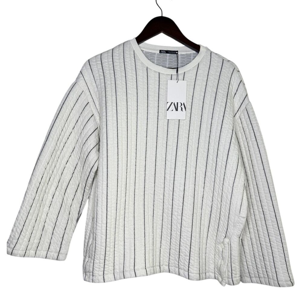 NWT Zara Boxy Oversized Striped Soft Quilted Long Sleeve Sweater  M White Black - Picture 14 of 16